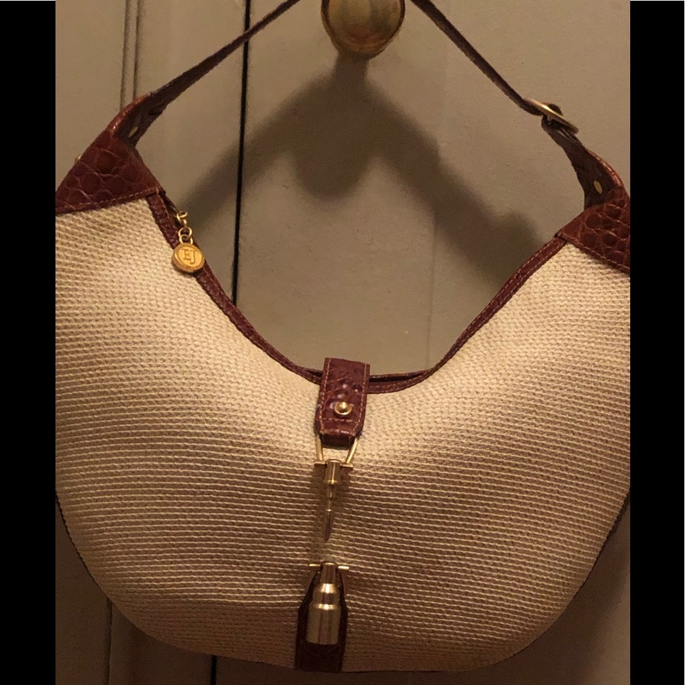 Beautiful Eric Javits New York brown croco embossed leather and ramie handbag